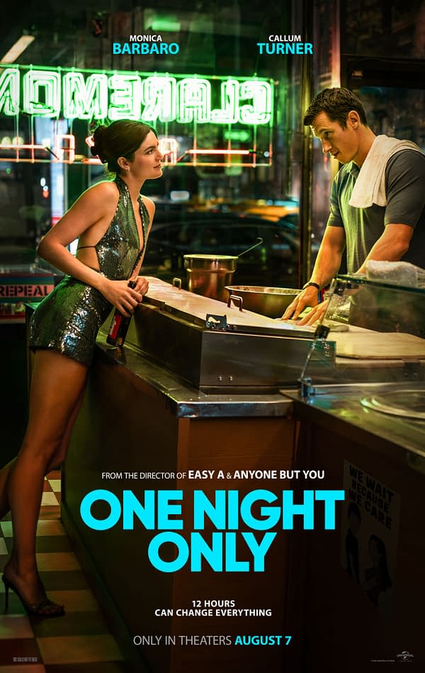 Movie poster for One Night Only showing Monica Barbaro and Callum Turner at a neon-lit diner counter, with the title in large blue text.