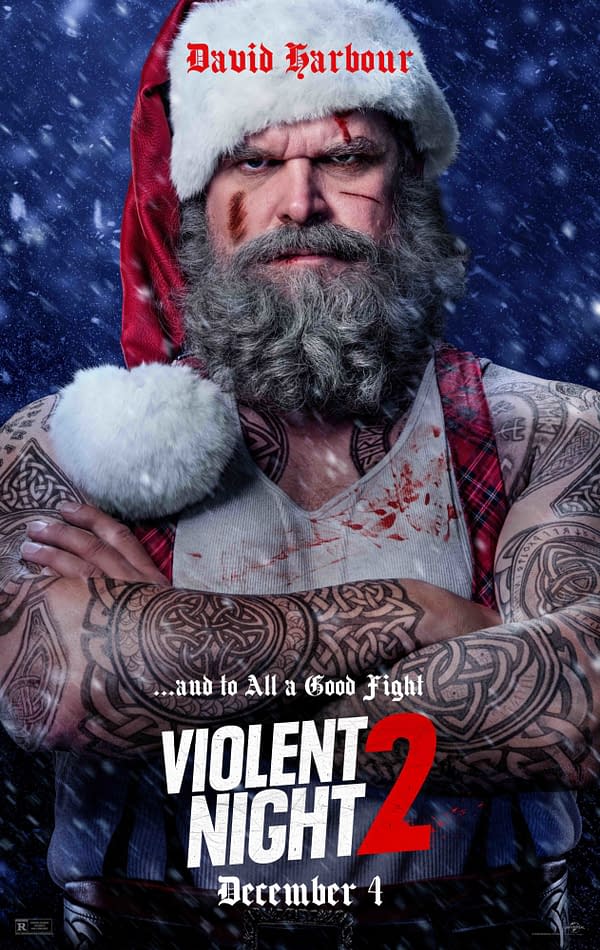 Violent Night 2 poster featuring David Harbour as an angry, battle-worn Santa Claus standing in falling snow with arms crossed, blood on his shirt, and the title at the bottom.
