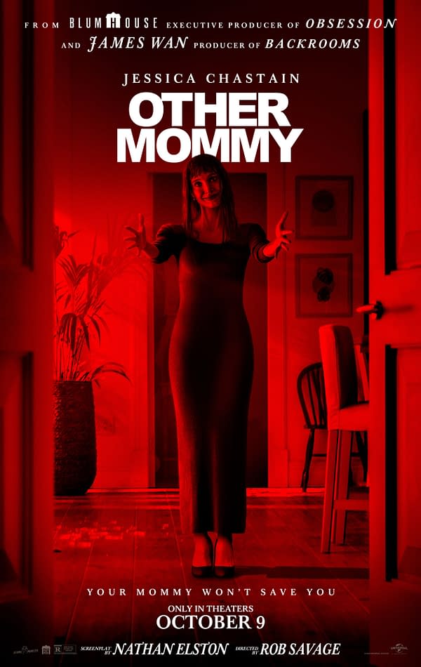 Red-tinted horror poster for Other Mommy featuring Jessica Chastain in a dark dress, standing in a doorway with arms outstretched. The poster includes the release date October 9 and the tagline