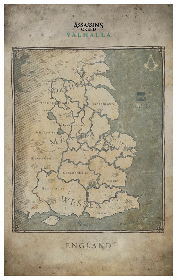 A pullout poster from the Assassin's Creed Atlas detailing England as shown in Assassin's Creed: Valhalla. © 2021 Ubisoft Entertainment