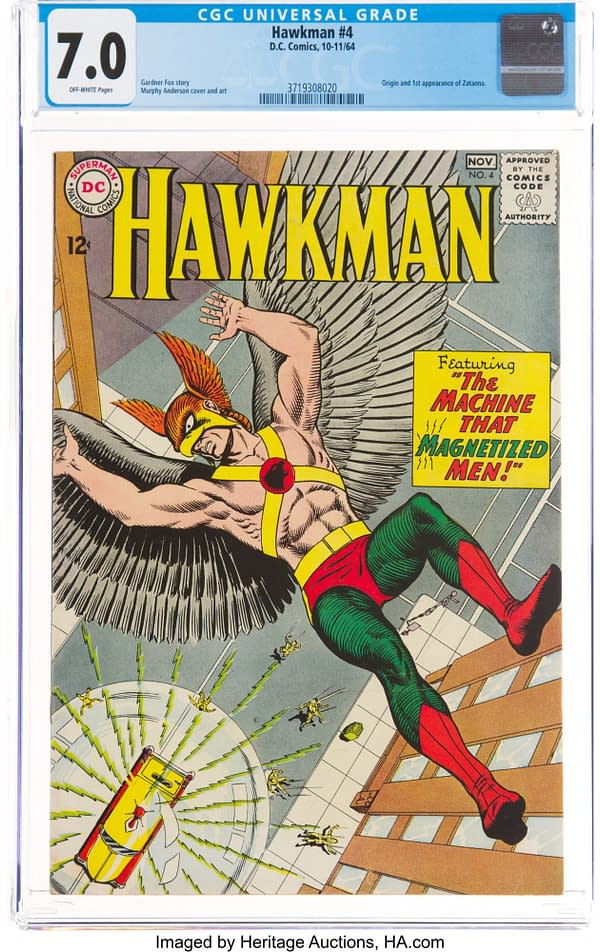 The debut of Zatanna in the title splash of Hawkman #4, DC Comics, 1964.