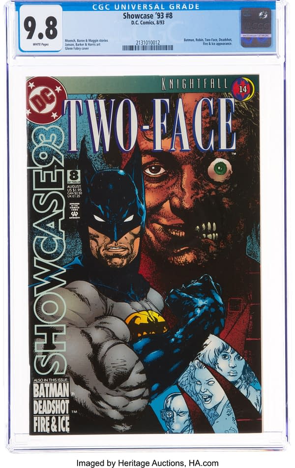 CGC slabbed and graded 9.8 copy. The front cover of Showcase '93 #8 with the Knightfall branding. Credit: DC Comics