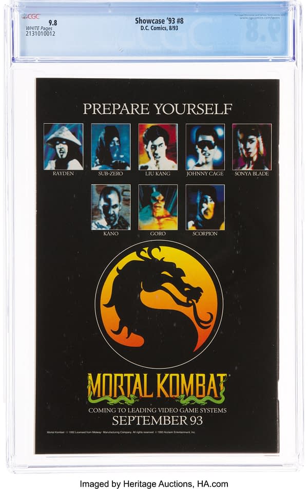 A Mortal Combat ad on the back cover of this 9.8 graded copy of Showcase '93 #8. Credit: DC Comics