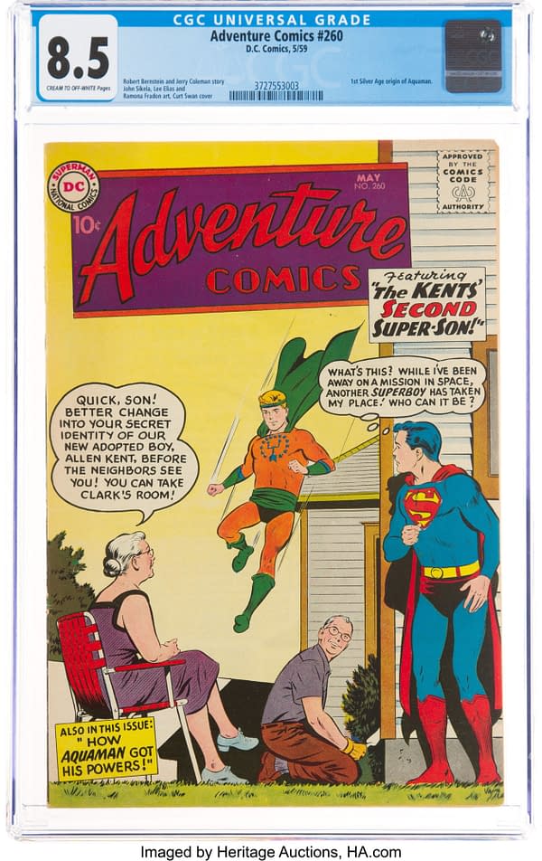 Adventure Comics #260 featuring the Silver Age origin of Aquaman. Superboy cover by Curt Swan, DC Comics 1959.