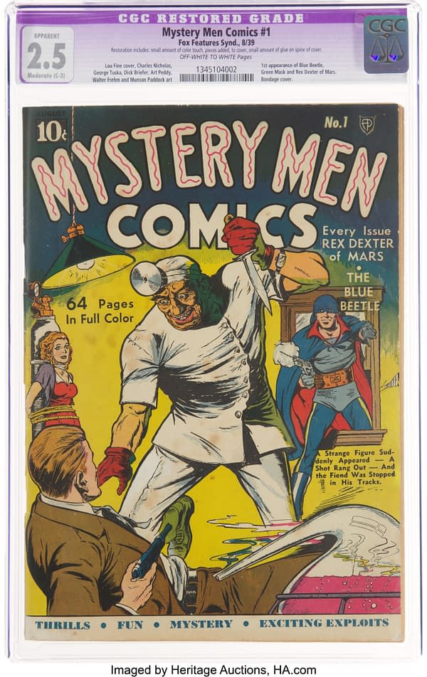 Mystery Men Comics #1 featuring the debut of the Blue Beetle (Fox, 1939).