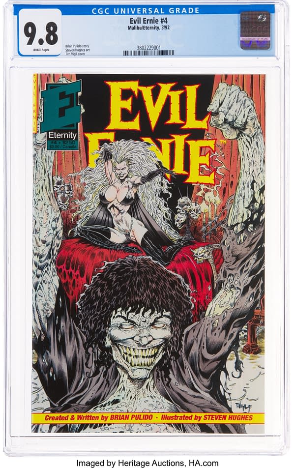 Evil Ernie #4 (Eternity, 1992) featuring a Lady Death / Evil Ernie cover by Tim Vigil CGC NM/MT 9.8 White pages.