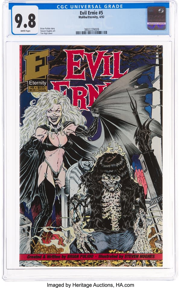 Evil Ernie #5 (Eternity, 1992) featuring a Lady Death / Evil Ernie cover by Tim Vigil CGC NM/MT 9.8 White pages.
