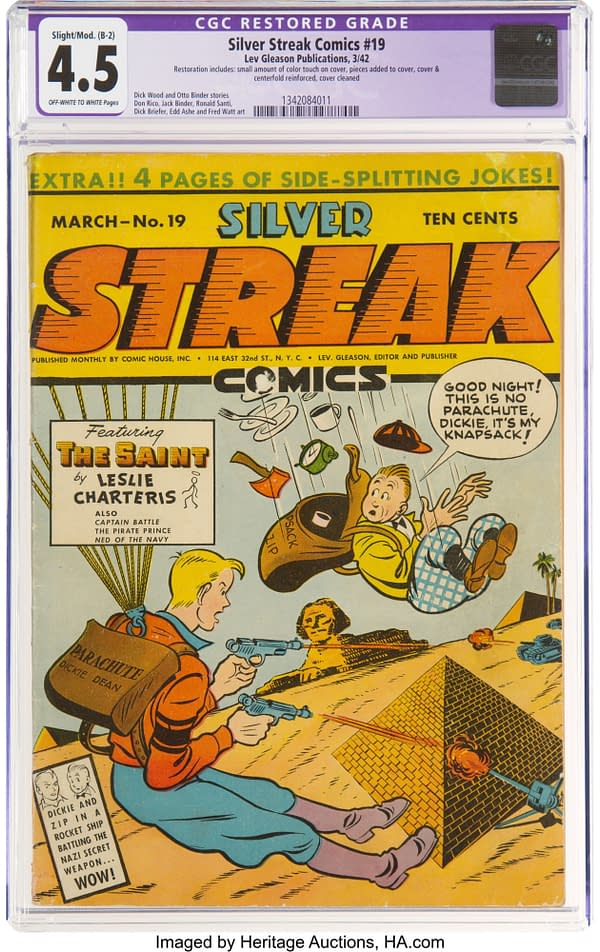 and you can get a Silver Streak Comics #19 (Lev Gleason, 1942) CGC Apparent VG+ 4.5 Slight/Moderate (B-2) Off-white to white pages up for auction in the 2022 October 30-31 Sunday & Monday Comic Books Select Auction #122244 at Heritage Auctions.