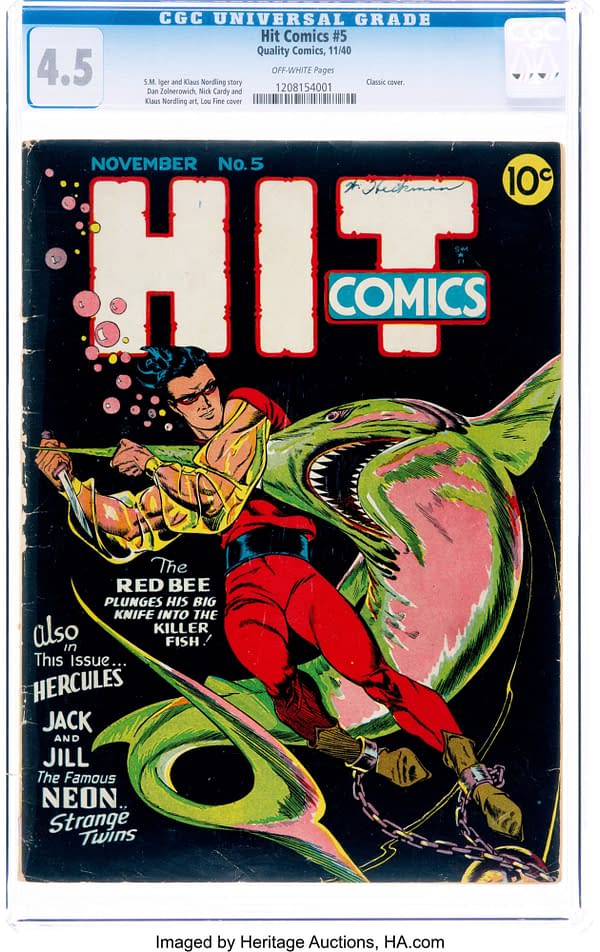 The creation of Toni Blum and Charles Nicholas for Quality Comics title Hit Comics, the Red Bee is the subject of an iconic Lou Fine cover.