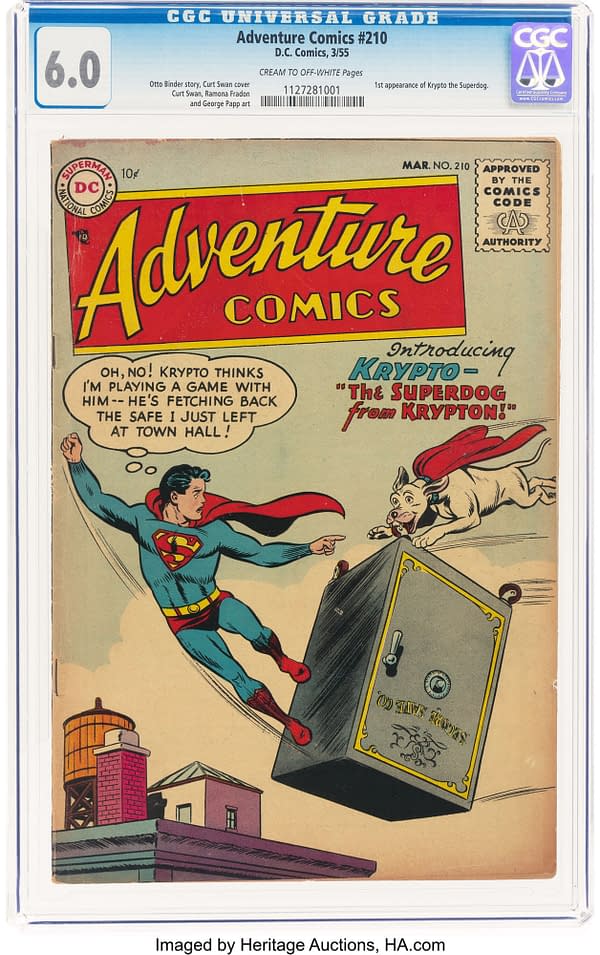 Adventure Comics #210, the first Krypto: A colorful comic book cover featuring Superman in a blue and red costume with his emblem visible. He points with concern as a white dog, Krypto, leaps towards a safe, illustrating their first adventure together.