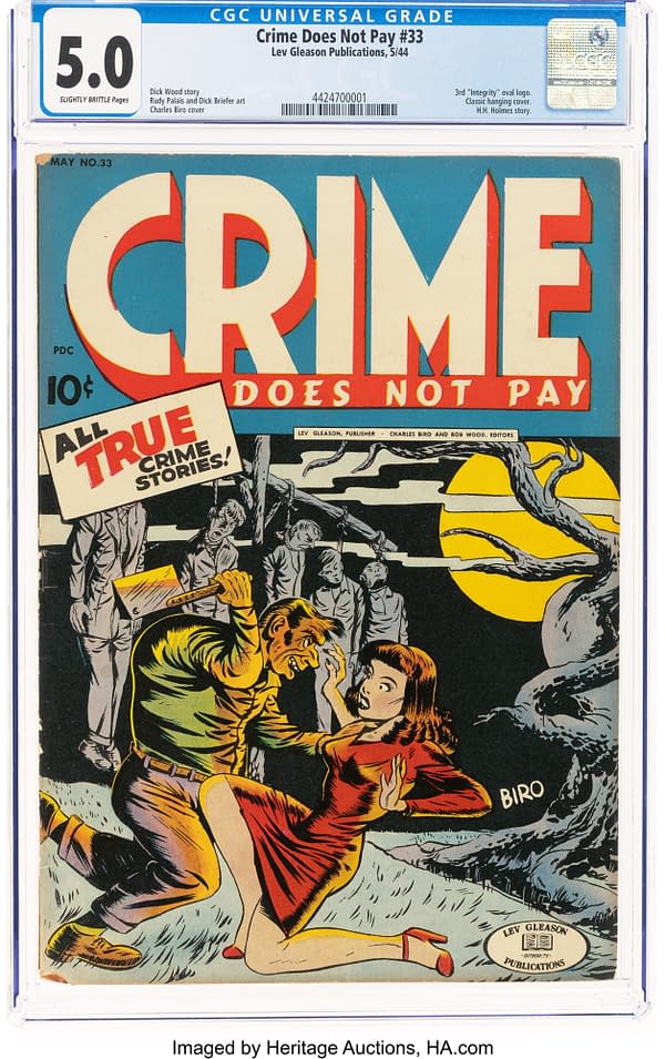 The cover of 'Crime Does Not Pay' issue #33 features dramatic artwork depicting a woman in a red dress confronting a man in a green shirt, with a spooky backdrop including hanging figures and a full moon.
