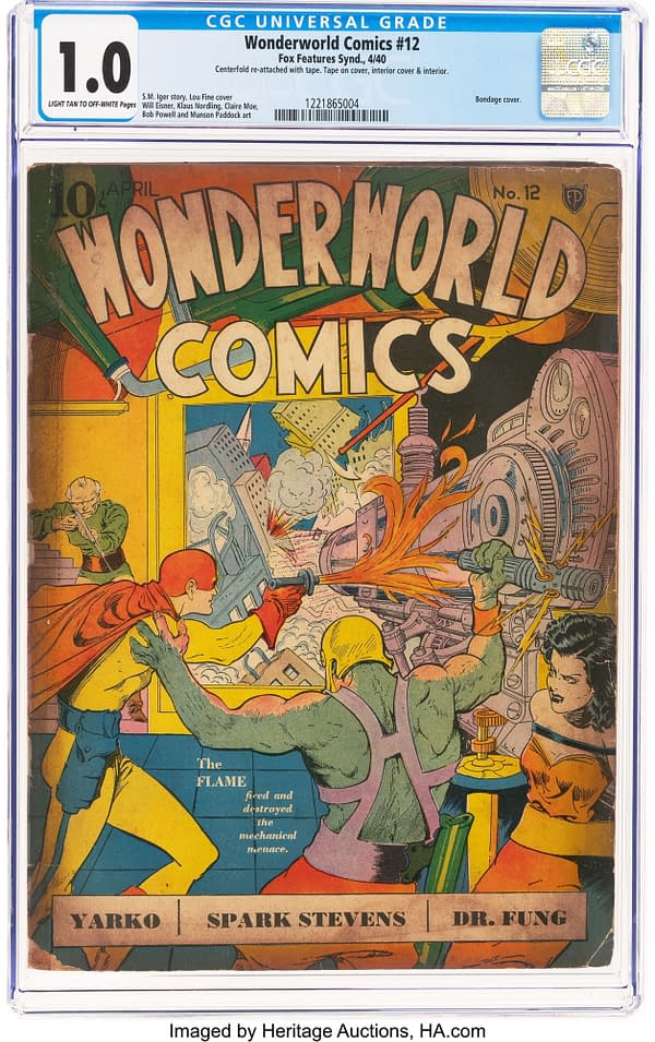 A colorful comic cover from Wonderworld Comics #12, featuring superheroes in action. The cover displays dynamic illustrations of characters battling against a mechanical threat, with vibrant colors and dramatic poses.