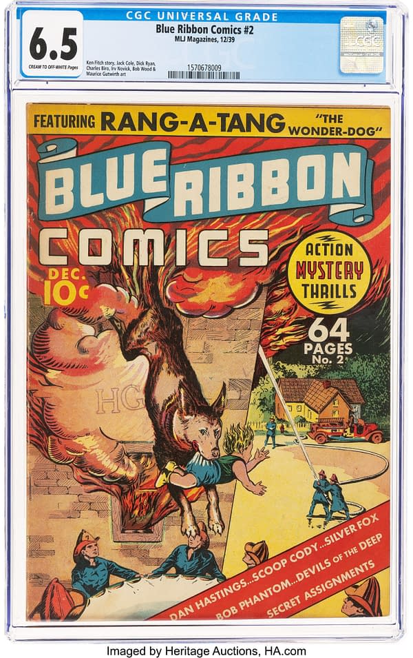 Cover of Blue Ribbon Comics #2 featuring Rang-A-Tang, the Wonder Dog, surrounded by colorful action scenes, with bold text advertising 'Action Mystery Thrills.'