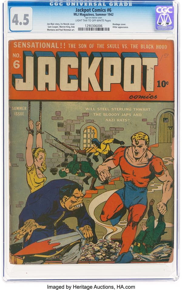Jackpot Comics #6 (MLJ, 1942). A colorful comic book cover featuring bold illustrations of characters in action. The title 'Jackpot Comics #6' is prominently displayed at the top, with a scene depicting a hero battling adversaries below.