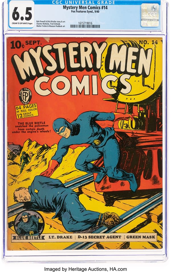 A vintage comic book cover from 'Mystery Men Comics #14' featuring the superhero Blue Beetle rescuing a policeman from danger. The vibrant red background includes stylized illustrations and text indicating the comic's price and publication details.