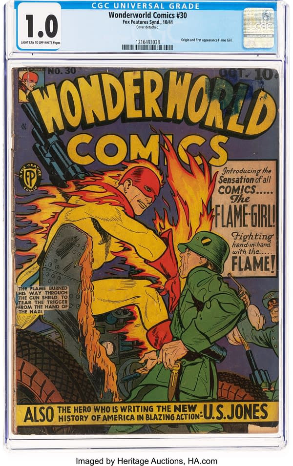 A comic cover featuring a superhero named Flame Girl, depicted with bright flames around her as she confronts a green-clad enemy soldier. The title 'Wonderworld Comics #30' is prominently displayed above them, with colorful artwork characteristic of 1940s comic style.