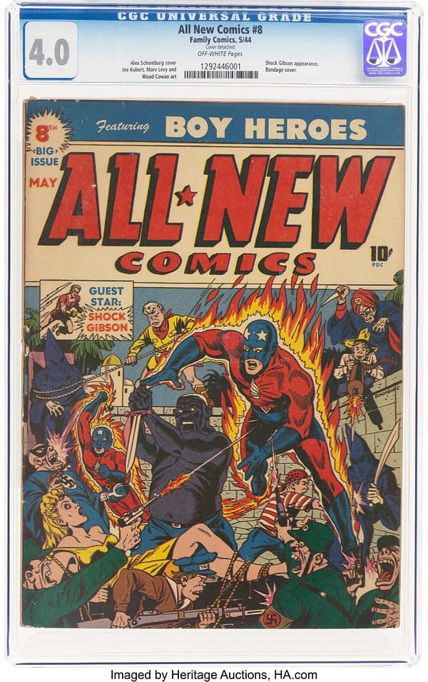 All-New Comics #8 (Harvey, 1944). A vintage comic book cover from 1944 titled 'All New Comics #8,' featuring a chaotic battle scene with various characters, including a hero in a red costume and a villain holding a sword. The cover prominently displays the title and features vivid colors with depictions of conflict and action.