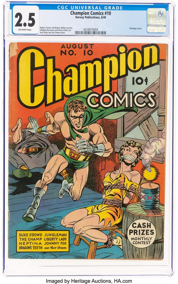 Vintage comic book cover featuring the title "Champion Comics" in bold yellow letters with a central illustration of a muscular superhero in green and yellow fighting against villains, while a bound woman watches, adding elements of action and suspense.