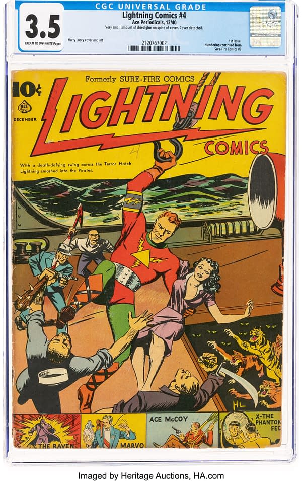 The cover of 'Lightning Comics #4' features a superhero character in a red outfit with yellow accents, striking a dynamic pose against a colorful background depicting a pirate scene. The comic has a grade of 3.5 and is displayed in a protective case with a blue label.