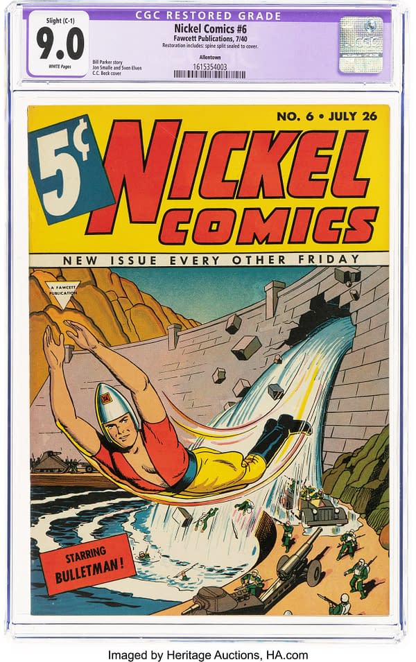 CGC-restored copy of Fawcett Publications' Nickel Comics #6, graded 9.0 with white pages, showing the Bulletman cover art. The comic is in a slab with an Allentown pedigree label.