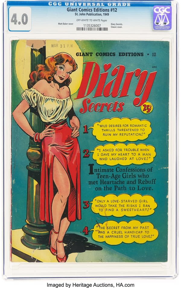 The cover of 'Giant Comics Editions #12', featuring a glamorous woman in a flowing dress surrounded by colorful dialogue bubbles discussing romantic challenges. The title reads 'Diary Secrets'.