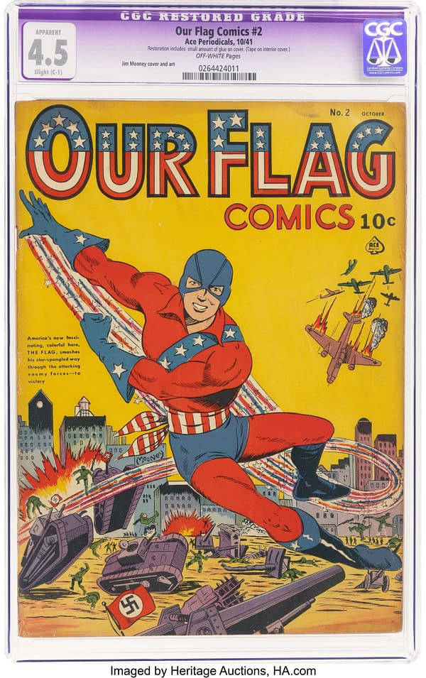 Our Flag Comics #2 (Ace, 1941). A colorful comic book cover titled 'Our Flag Comics #2,' showcasing a superhero in a red and blue costume with star motifs. The hero is depicted in an action pose against a bright yellow background, with explosions and enemy forces in the scene.