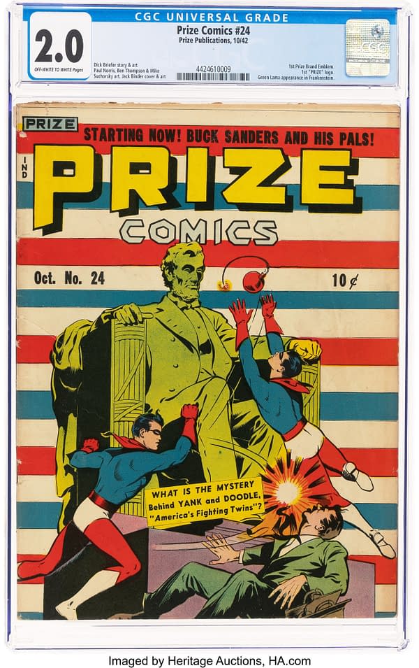 The cover of Prize Comics #24 features vibrant artwork with superheroes engaging in dynamic action near a statue resembling Abraham Lincoln. The title and issue number are prominent in bold lettering.