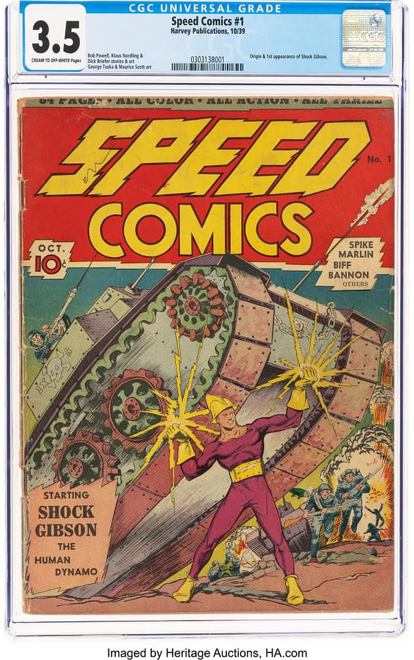Speed Comics #1 (Brookwood, 1939). A vintage comic book cover of 'Speed Comics #1' from 1939 featuring the character Shock Gibson, depicted in a colorful heroic pose with lightning effects, alongside imagery of an army and a tank in action.