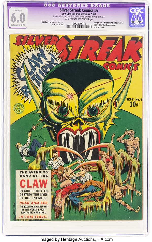 Cover of Silver Streak Comics #6, featuring a large green creature with exaggerated features, looming over terrified individuals. The comic is labeled as having been restored and graded at 6.0.