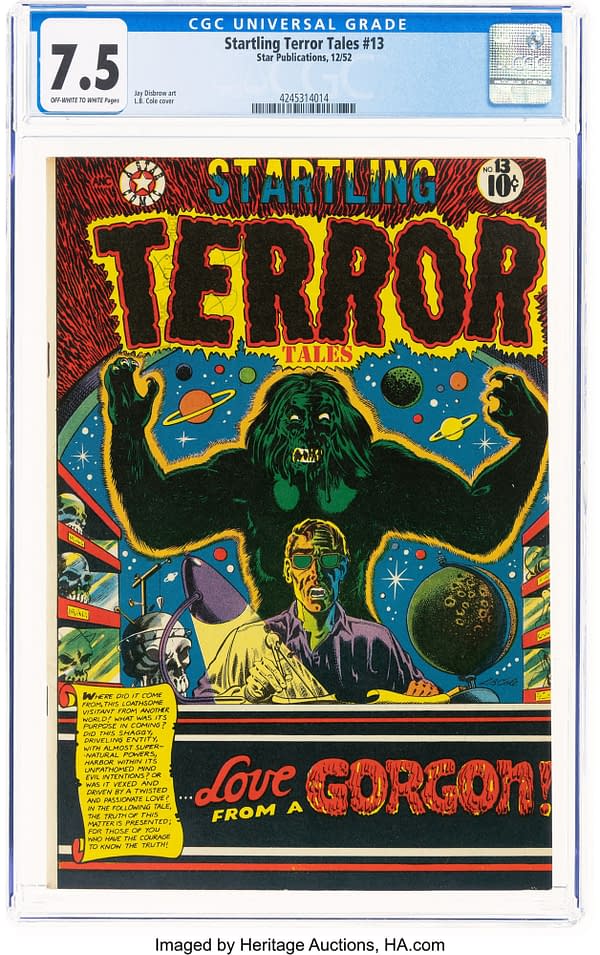 CGC-graded Startling Terror Tales #13 comic book from Star Publications, 1952, with a colorful horror cover showing a giant shaggy monster looming over a man at a desk. The slab label notes a 7.5 grade and off-white to white pages.