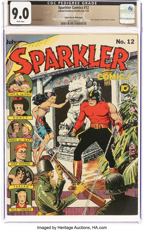 CGC-graded vintage comic book cover for Sparkler Comics #12, featuring the superhero Spark Man on the cover. The slab label notes a 9.0 White Pages pedigree copy from United Features Syndicate, 1942.