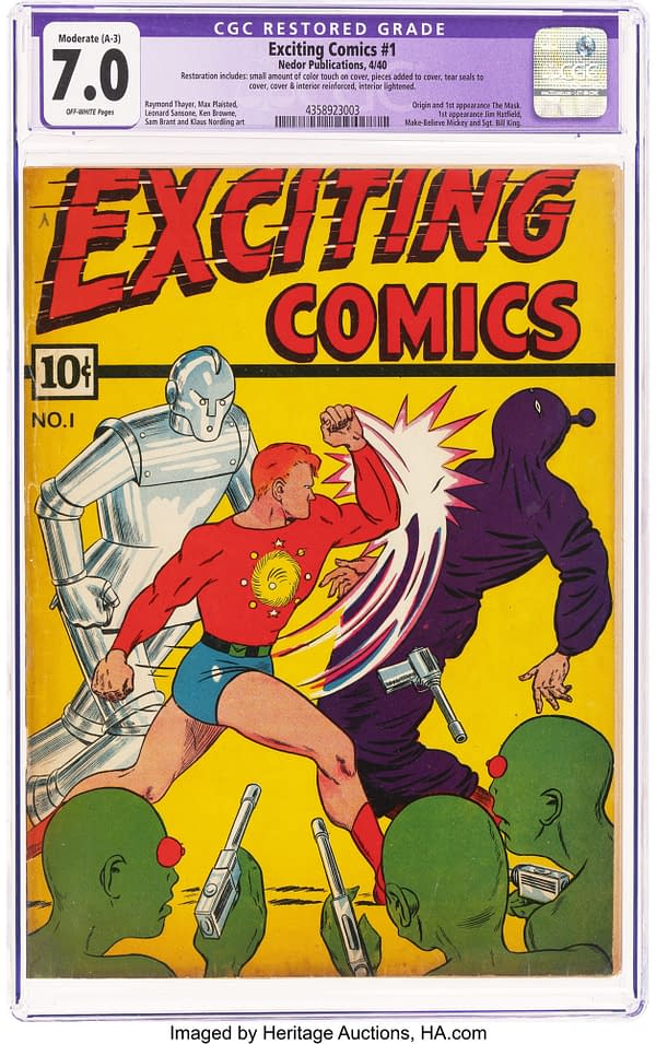 Exciting Comics #1 (Nedor, 1940). A vibrant comic book cover featuring a superhero in a red costume punching a cloaked villain, alongside a shiny robotic figure. Bright yellow background with green aliens holding guns adds to the dramatic scene.