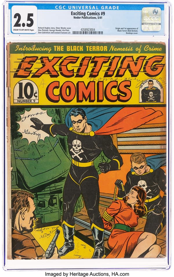 Exciting Comics #9 (Nedor Publications, 1941) featuring the first appearance and origin of the Black Terror. A vintage comic book cover featuring the first appearance of the Black Terror, showcasing a superhero in a black costume with a skull emblem. The comic, titled 'Exciting Comics #9', features vibrant colors and elements of action and intrigue with a captive woman in the foreground.