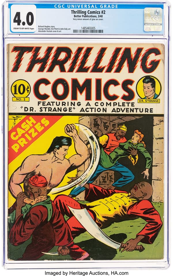 A comic book cover titled 'Thrilling Comics #2,' featuring vibrant illustrations of characters in action, including a muscular man and Dr. Strange, set against a colorful background with bold text and images depicting a story of adventure and conflict.