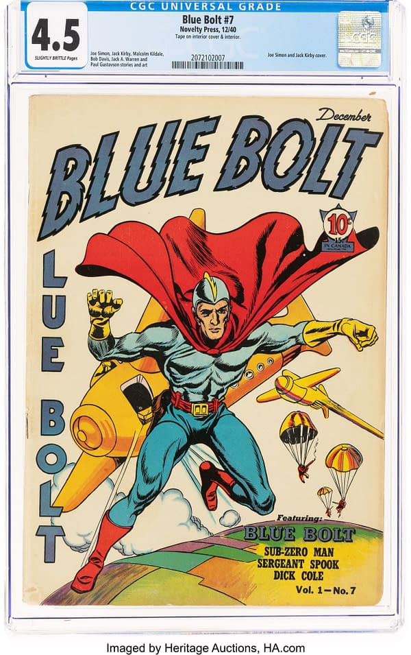 Comic cover for 'Blue Bolt #7' from 1940, featuring a muscular superhero in a blue and red costume, soaring over a landscape with an airplane and parachuters in the background.