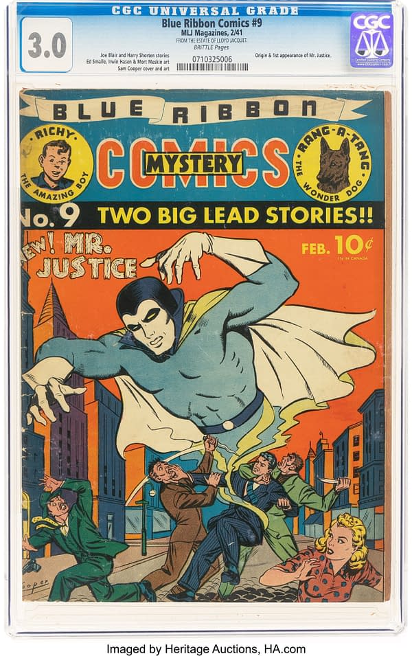 Blue Ribbon Comics #9 (MLJ, 1941). Cover of Blue Ribbon Comics #9 featuring Mr. Justice, a superhero in a blue costume with a flowing cape. He is depicted menacingly hovering over a group of startled men in a city setting, while a woman watches in fear.