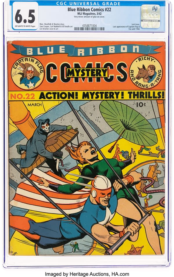 A colorful comic book cover featuring an action-packed scene with superheroes, including Captain Flag, engaging in a thrilling confrontation. The title 'Blue Ribbon Comics #22' is prominently displayed at the top with bold messages of 'Action! Mystery! Thrills!'