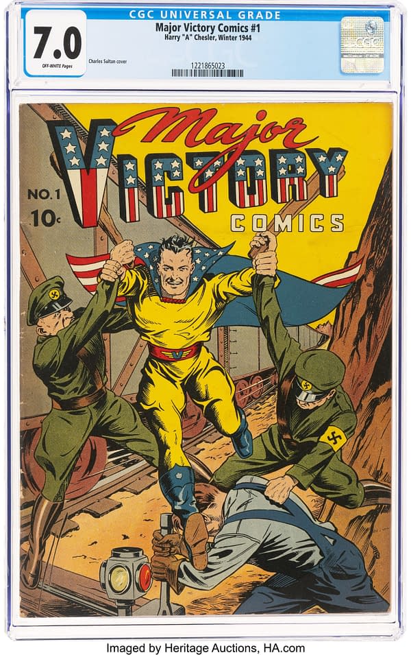 Major Victory Comics #1 (Harry 'A' Chesler, 1944). A comic book cover featuring Major Victory, a superhero dressed in a yellow costume with a red belt and a flag-themed cape, overpowering two soldiers; one is wearing a green military uniform and the other, a Nazi soldier, is on the ground. The vibrant cover includes the title 'Major Victory Comics #1' in bold letters.