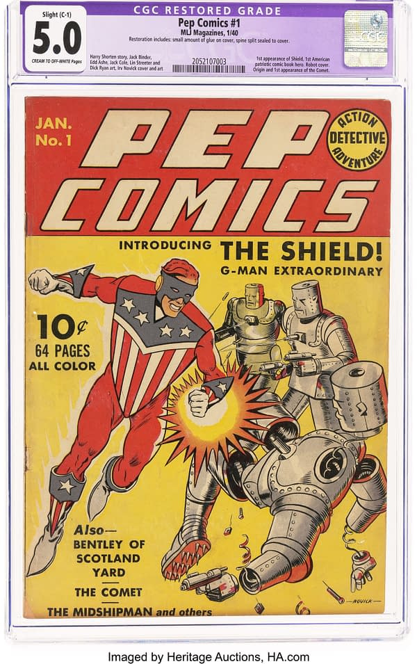 Pep Comics #1 (MLJ, 1940) introducing the Shield. A vintage comic book cover featuring the character The Shield, depicted in a dynamic pose with red, white, and blue colors. The background shows robotic enemies and text indicating the comic's title, price, and issue number.
