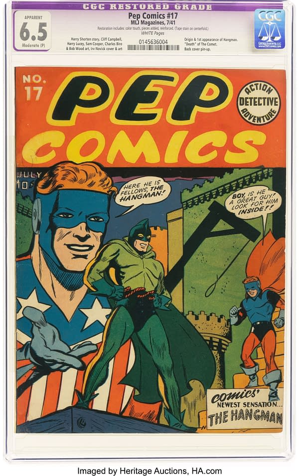 A vintage comic book cover featuring bold colors and illustrations. Prominent characters include a hero in a blue mask and outfit, labeled as "The Hangman," alongside other characters in colorful costumes against a dynamic background.
