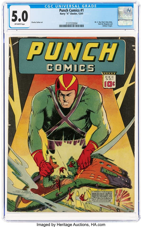 A comic book cover featuring the title 'Punch Comics #1' prominently displayed. The illustration shows a muscular superhero, wearing a green and red suit with a helmet, in an action pose, confronting a green-skinned creature. The comic is encased in a protective slab, indicating its graded condition.