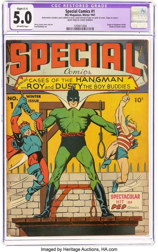 Special Comics #1 (MLJ, 1941). A vintage comic book cover featuring a superhero in a green costume, titled 'Special Comics #1'. The main character is shown holding a rope, alongside two boy sidekicks in colorful outfits, set against a backdrop with a wooden fence.