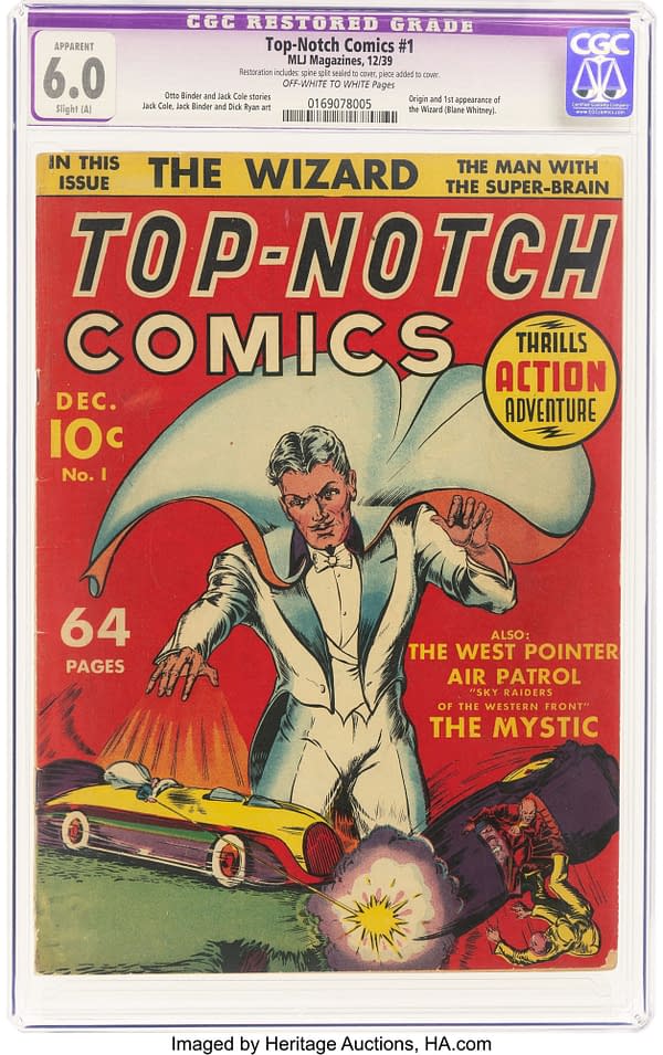 Cover of 'Top-Notch Comics #1' featuring a superhero, the Wizard, in a tuxedo, with a dramatic red background. The comic highlights action and adventure themes, with colorful illustrations of vehicles and explosions.