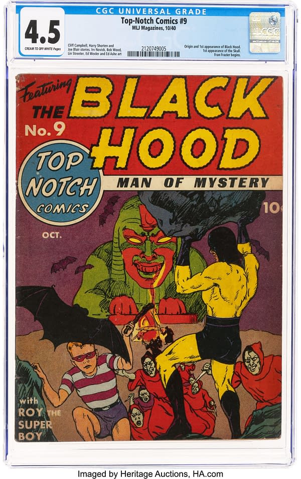 A vintage comic book cover featuring the Black Hood, a superhero, surrounded by villains and bats, showcasing colorful artwork typical of 1940s comics. The comic is graded CGC 4.5 and has cream to off-white pages.