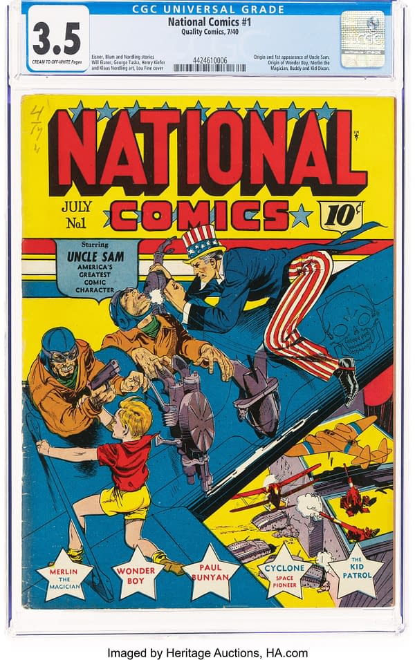 A colorful comic book cover featuring Uncle Sam as a superhero, prominently displayed with red, white, and blue elements. The title 'National Comics' is at the top, accompanied by various superhero figures and a dynamic background.