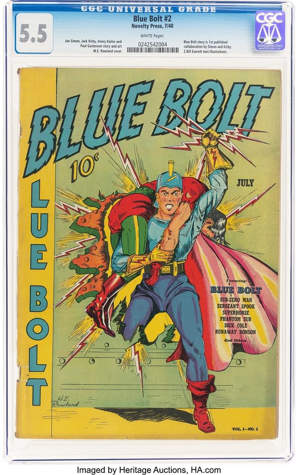 CGC slabbed Blue Bolt #2 comic book, graded 5.5 with white pages, showing a vintage 1940 cover featuring the superhero Blue Bolt in a dramatic action pose. The cover art emphasizes early Joe Simon and Jack Kirby work.