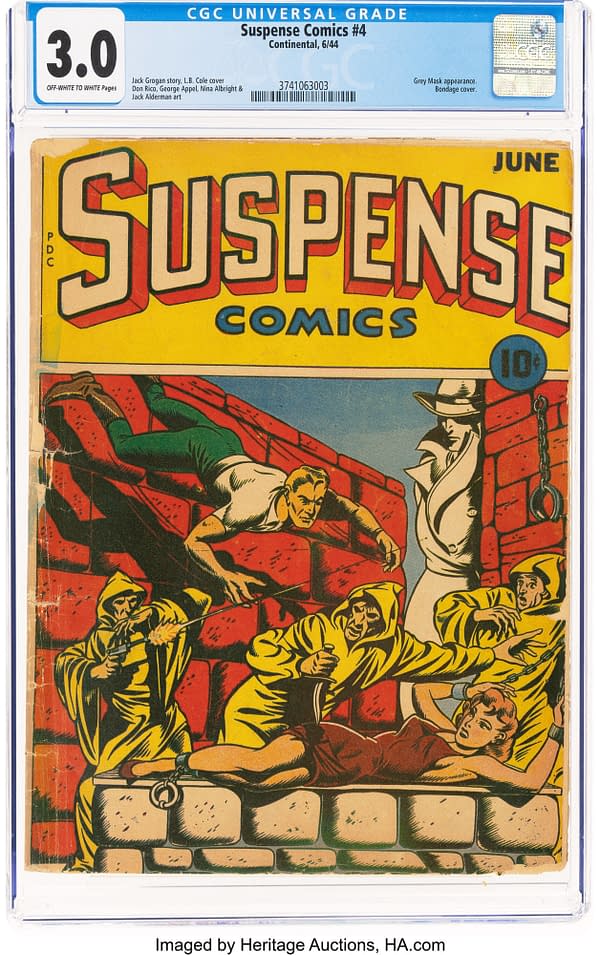 A vintage comic book cover titled 'Suspense Comics #4' featuring a dramatic scene with characters in a perilous situation, showcasing elements of horror and suspense. The cover is brightly colored with the title in bold letters and has a CGC grade of 3.0.