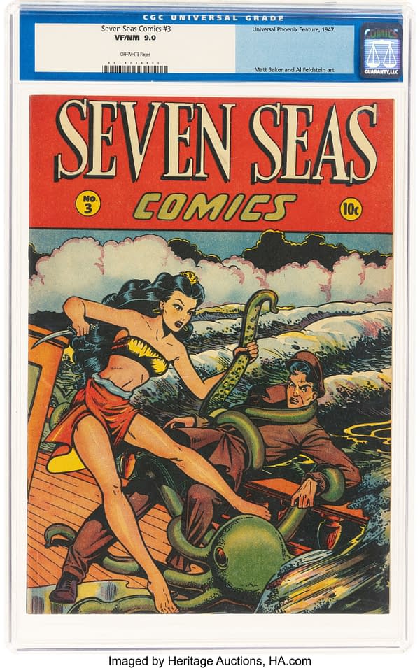 Seven Seas Comics #3 (Universal Phoenix Feature, 1947). A comic book cover from Seven Seas Comics #3, featuring a woman wielding a weapon and a man in distress, surrounded by dramatic waves and a tentacled creature. The vibrant artwork is attributed to Matt Baker and Al Feldstein.