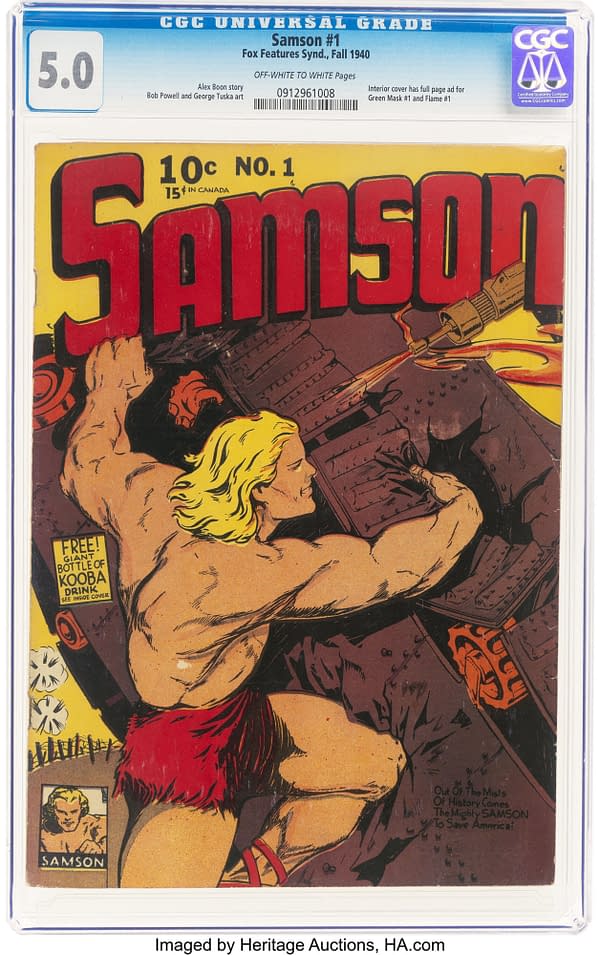 A vintage comic book cover showcasing Samson, a muscular, blond character, engaged in a powerful pose amidst a colorful background. The title 'Samson #1' is prominently displayed at the top.