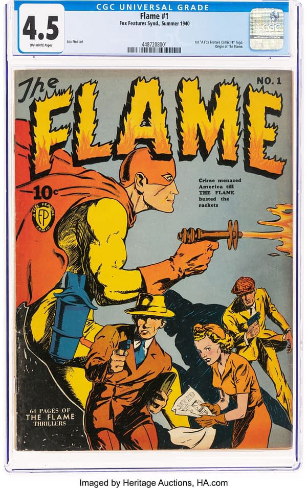 The Flame #1 (Fox, 1940). A vintage comic book cover titled 'The Flame #1,' featuring a muscular superhero in a red cape and mask, holding a weapon. The background depicts a dramatic scene with characters in 1940s attire, suggesting themes of crime and adventure.